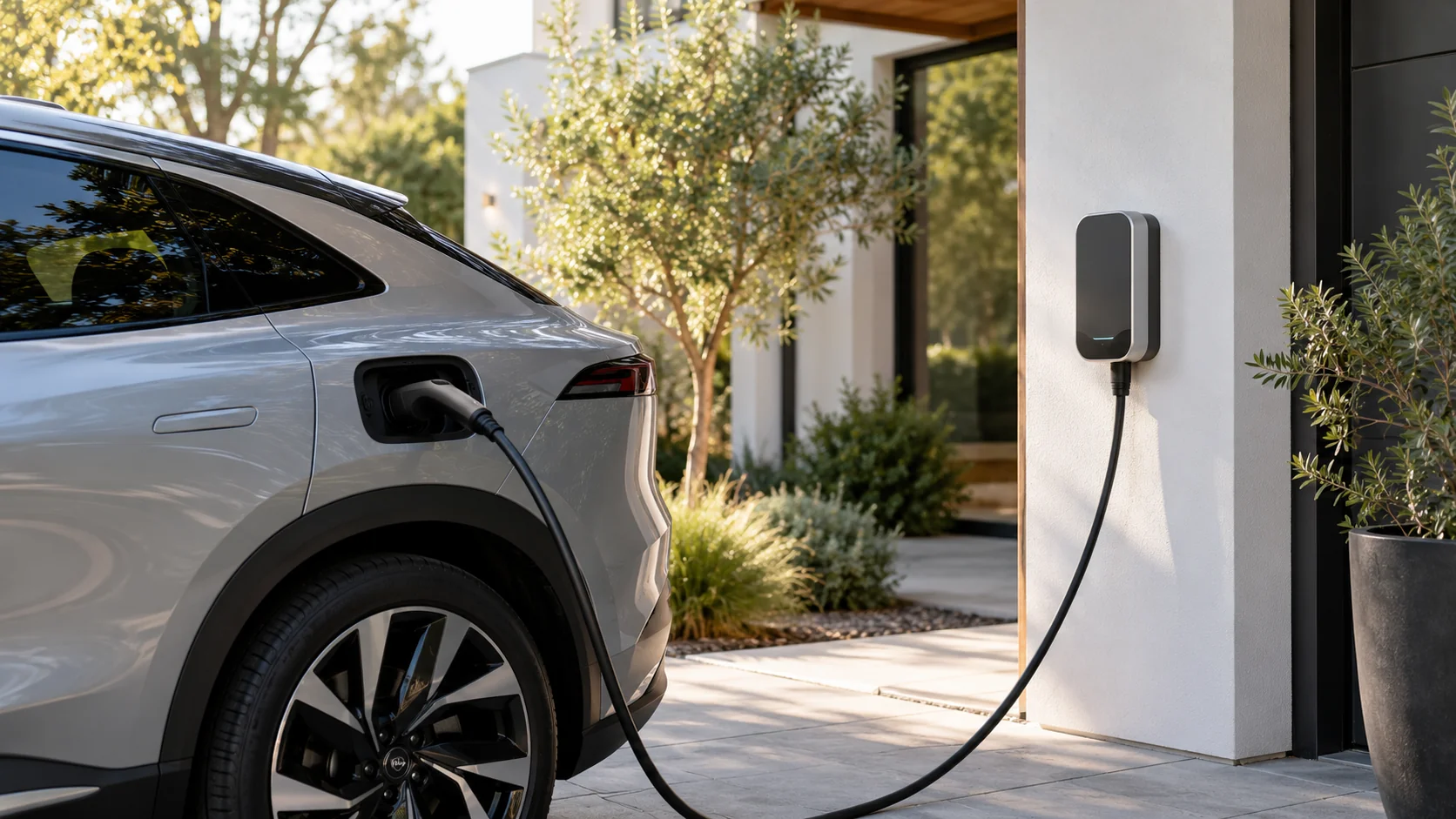 Coche eléctrico cargando en una vivienda moderna