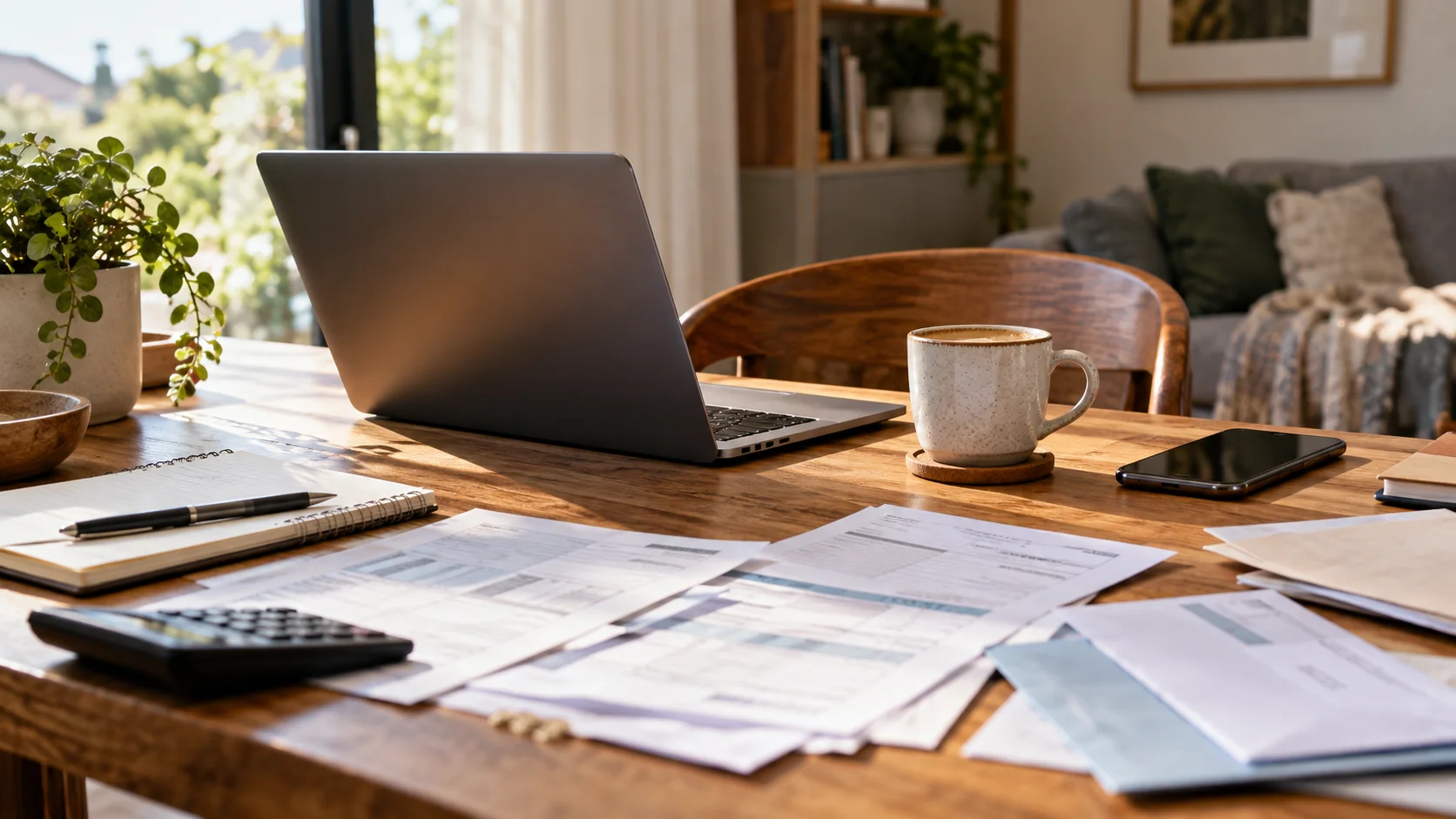 Mesa de trabajo en casa con portátil y papeles para tomar decisiones