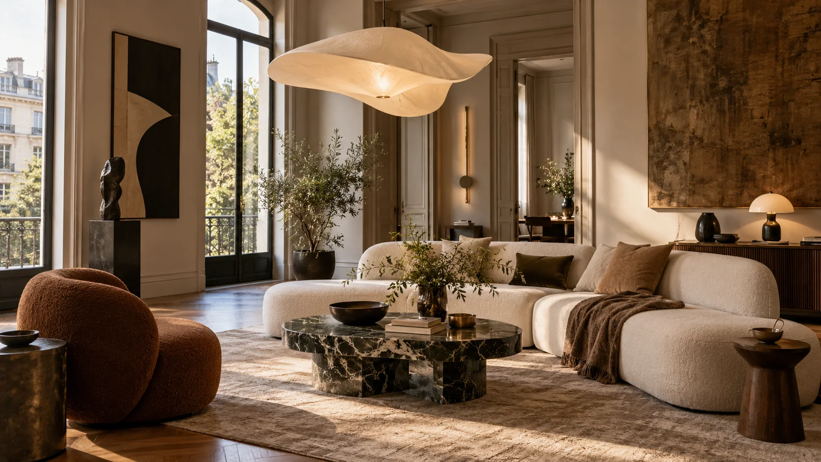 Salón contemporáneo con materiales cálidos y luz natural
