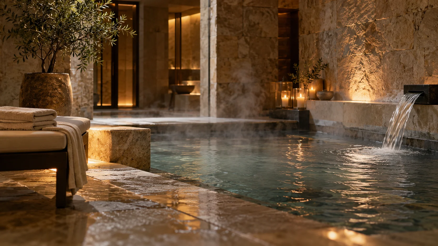 Interior de balneario con piscina termal y ambiente relajado